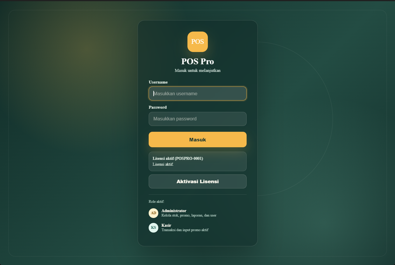 Tampilan login POS Pro Muwira